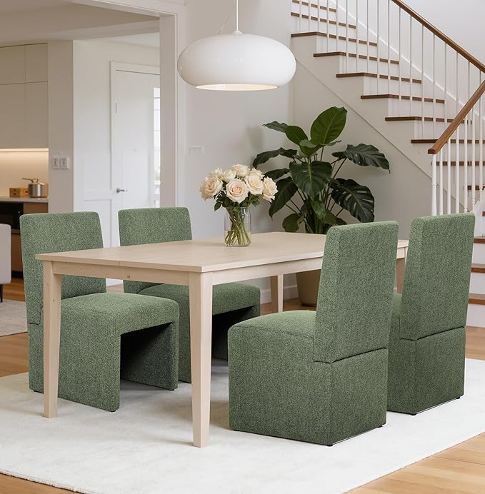 Green Upholstered Dining Chairs Set of 4, Kitchen & Dining Room Chairs, Mid Century Modern Chairs, Linen Dining Chairs with Wooden Frame, Fabric