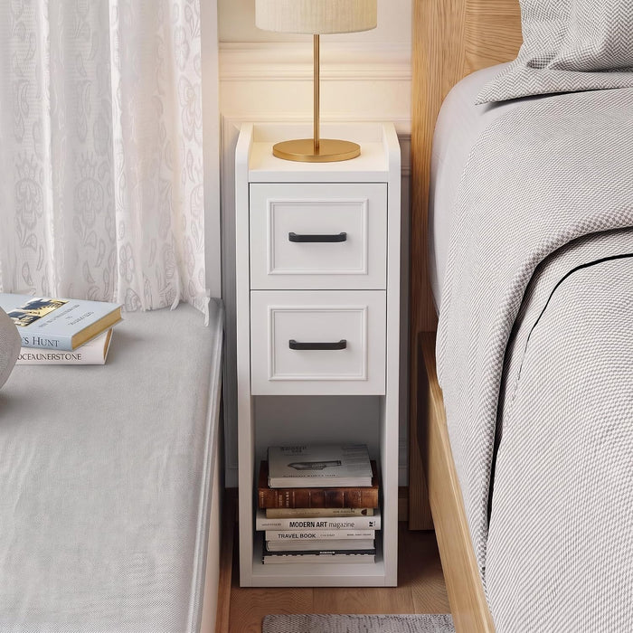Narrow White Nightstand, Wood Slim Bedside Tables for Small Bedroom, Modern End Table with Drawers, Perfect for Apartments, Rente
