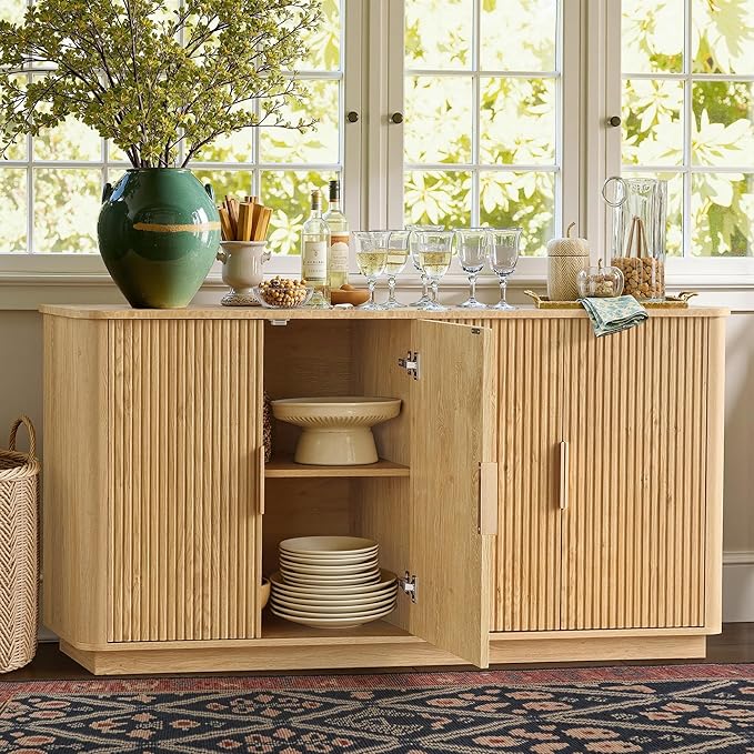 win2win 63" Fluted Sideboard Buffet Cabinet with Faux Marble Top, Modern Credenza with Storage, Wood Boho Media TV Console Accent Cabinet for Living Room Kitchen Hallway, Oak