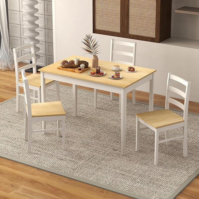 COSTWAY Dining Table Set for 4, Wood Kitchen Table Chairs Set with Rubber Wood Legs, Space-Saving Design, Modern 5-Piece Dinette Set for Small Place, Kitchen, Dining Room, Restaurant (Natural)