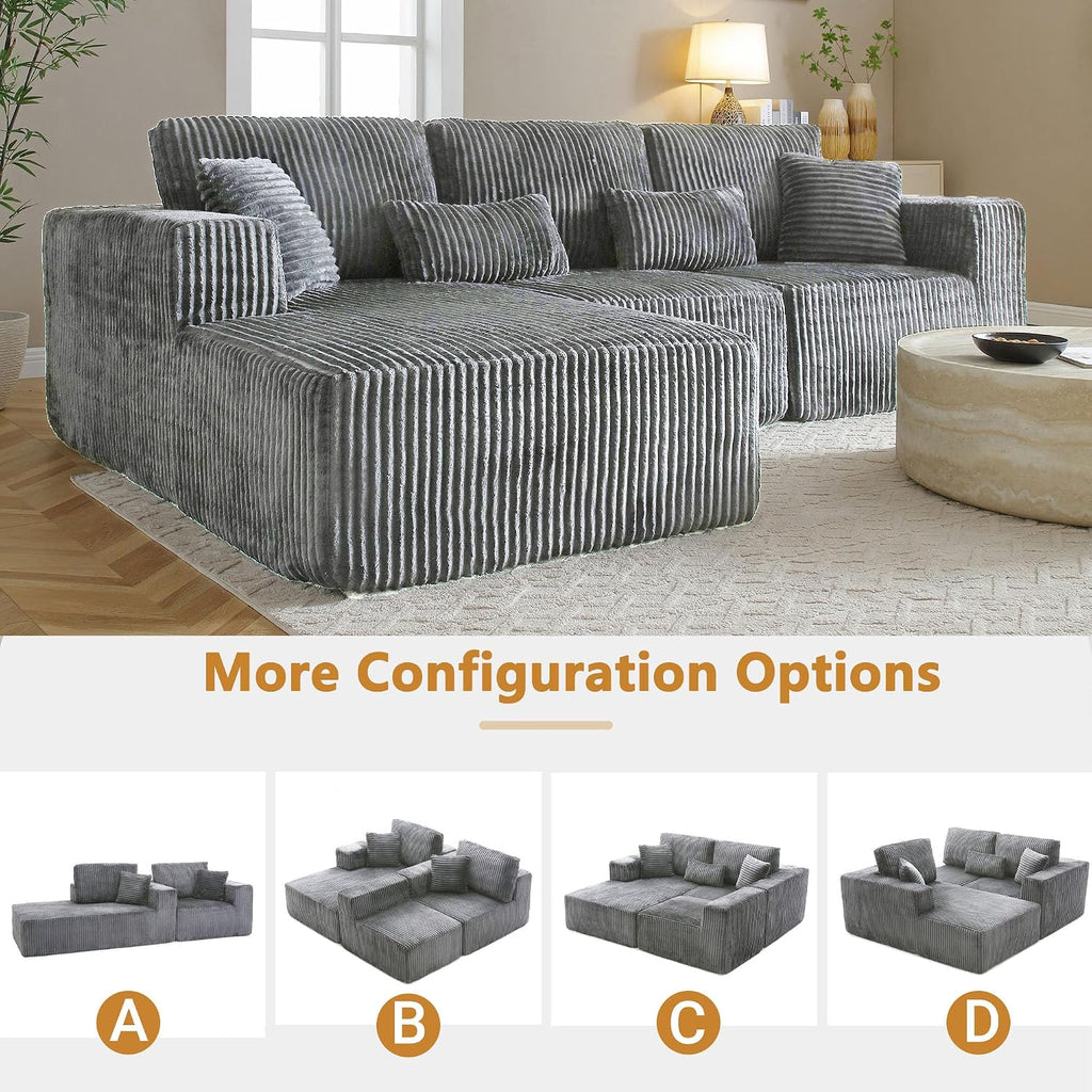 Cloud Sectional Couch, 110 Inch Modern Modular Sectional Sofa with Deep Seat, Corduroy Boneless Couches with L-Shape Left Chaise for Living Room Bedroom, No Assembly Required