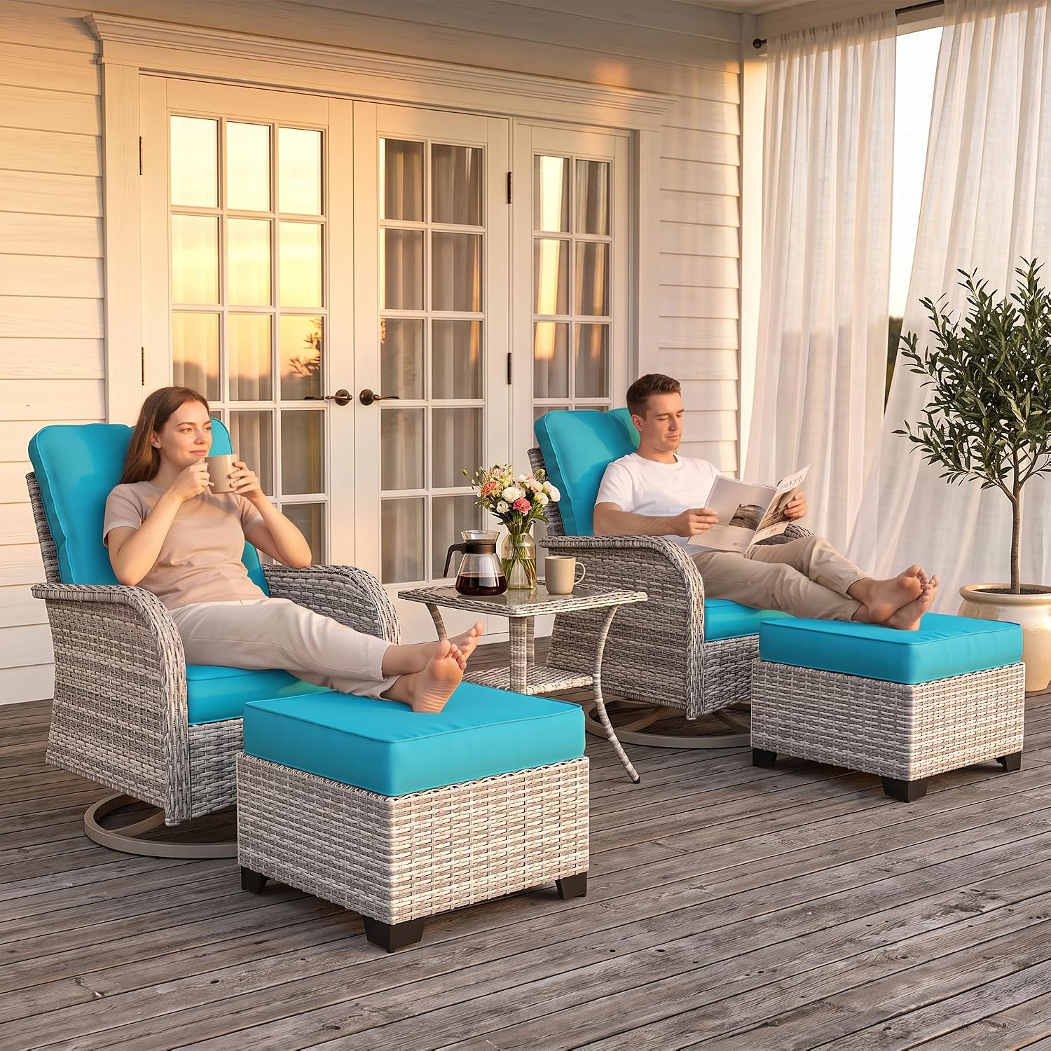 Outdoor Patio Furniture Set Patio Rocking Swivel Chair with Ottomans Outdoor Wicker Rattan Bistro Set with Tempered Glass Side Table for Garden, Deck, and Balcony, Turquoise