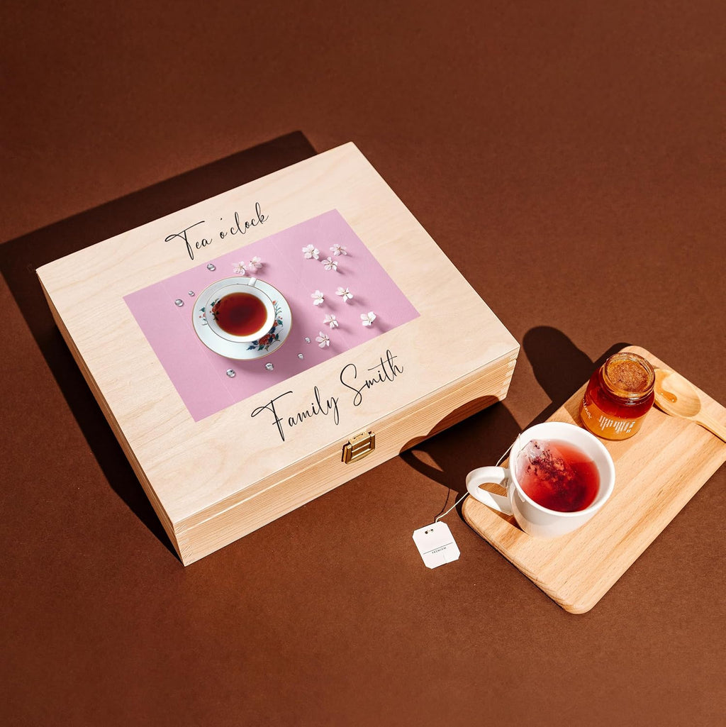Creative Deco Personalized Wooden Tea Box Storage | 12 Compartments | Your Text + Photo/Logo | 11.41x9.84x2.95in | Luxury Organizer Bag Container Keepsake Chest | Gift Christmas Xmas | UV Print
