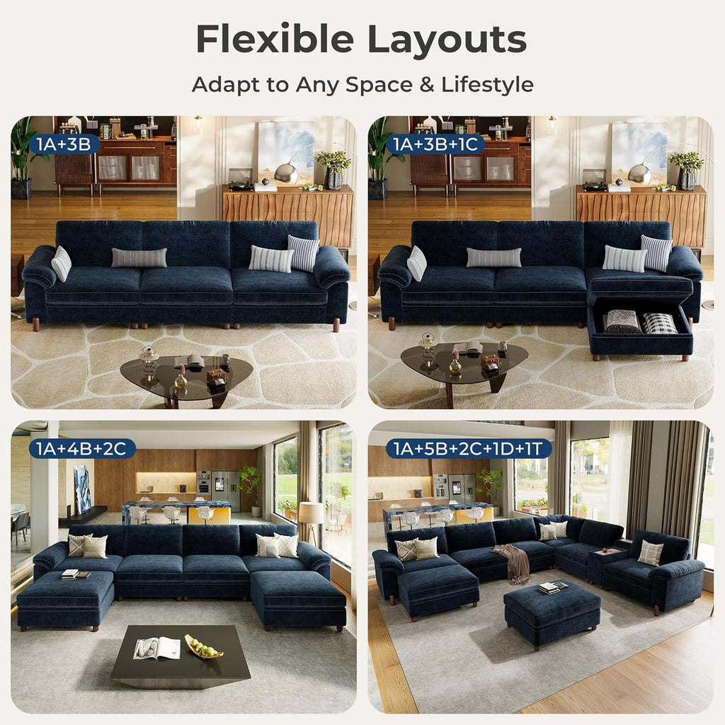 Cloud Couch Sectional, 6 Seater with Console, Chenille in Navy Blue | Detachable and Washable Cover, Sectional Sofas for Living Room, Deep Seat Wide Couch with Chaise, Storage Ottoman