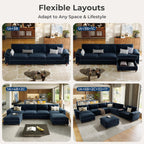 Cloud Couch Sectional, 6 Seater with Console, Chenille in Navy Blue | Detachable and Washable Cover, Sectional Sofas for Living Room, Deep Seat Wide Couch with Chaise, Storage Ottoman