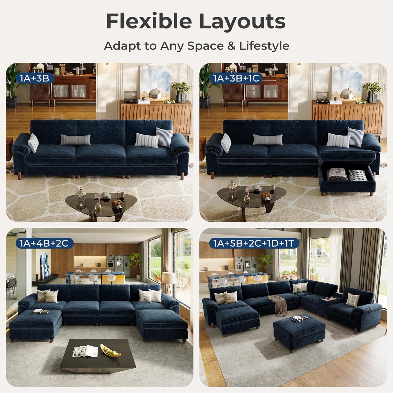 Cloud Couch Sectional, 6 Seater with Console, Chenille in Navy Blue | Detachable and Washable Cover, Sectional Sofas for Living Room, Deep Seat Wide Couch with Chaise, Storage Ottoman