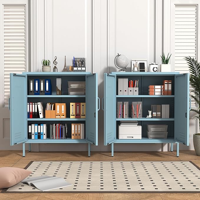 Wide Multipurpose Metal Storage Cabinet with Lockable Design & 2 Adjustable Partitions, Thickened Steel & Sturdy Construction for Home, Living Room & Office Blue 33" H X 29.5" W X 13.8" D