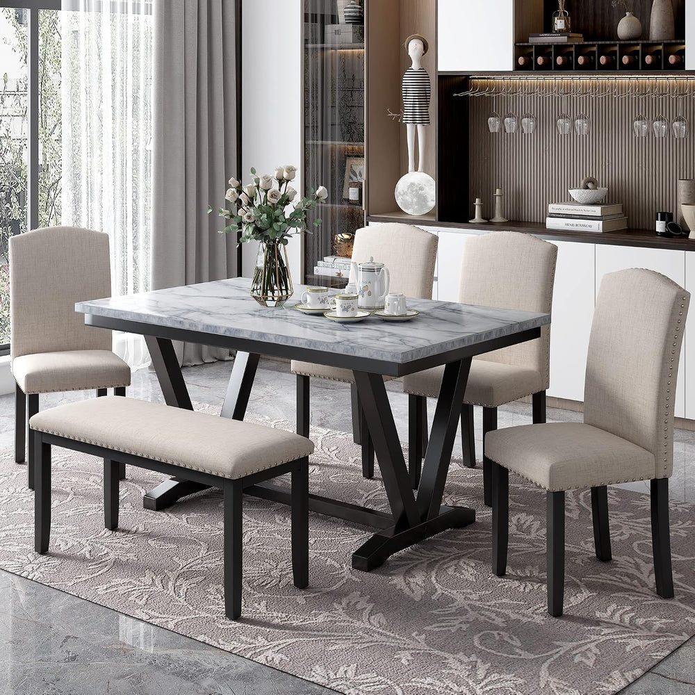 Merax Elegant Dining Table Set for 4-6, White | 6-Piece Modern Dining Table S...