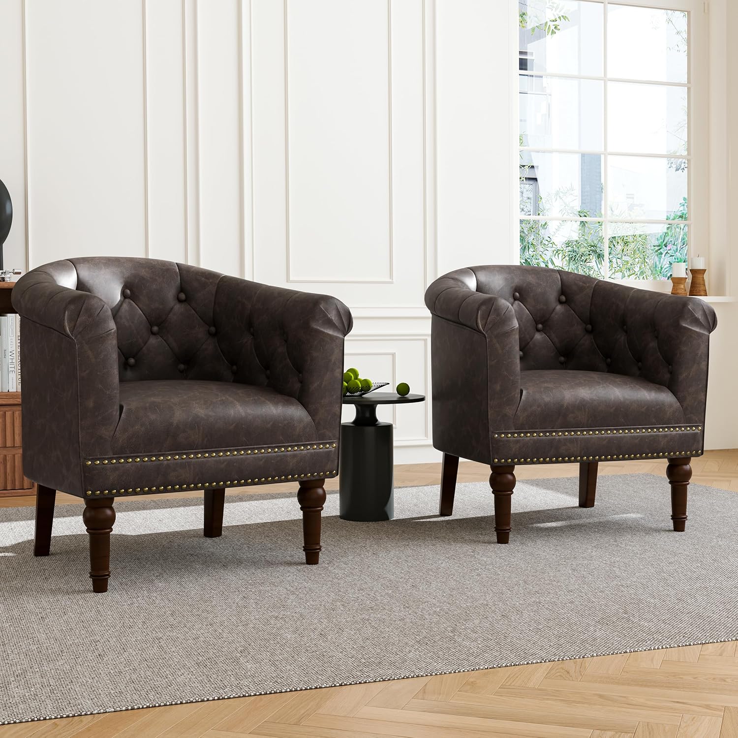 Faux Leather Barrel Accent Chair with Nailhead, Chocolate, Set of 1 | Low-Back Design | Solid Wood Frame & Legs | High-Density Foam Seat | For Living Room, Bedroom, Reception & Office