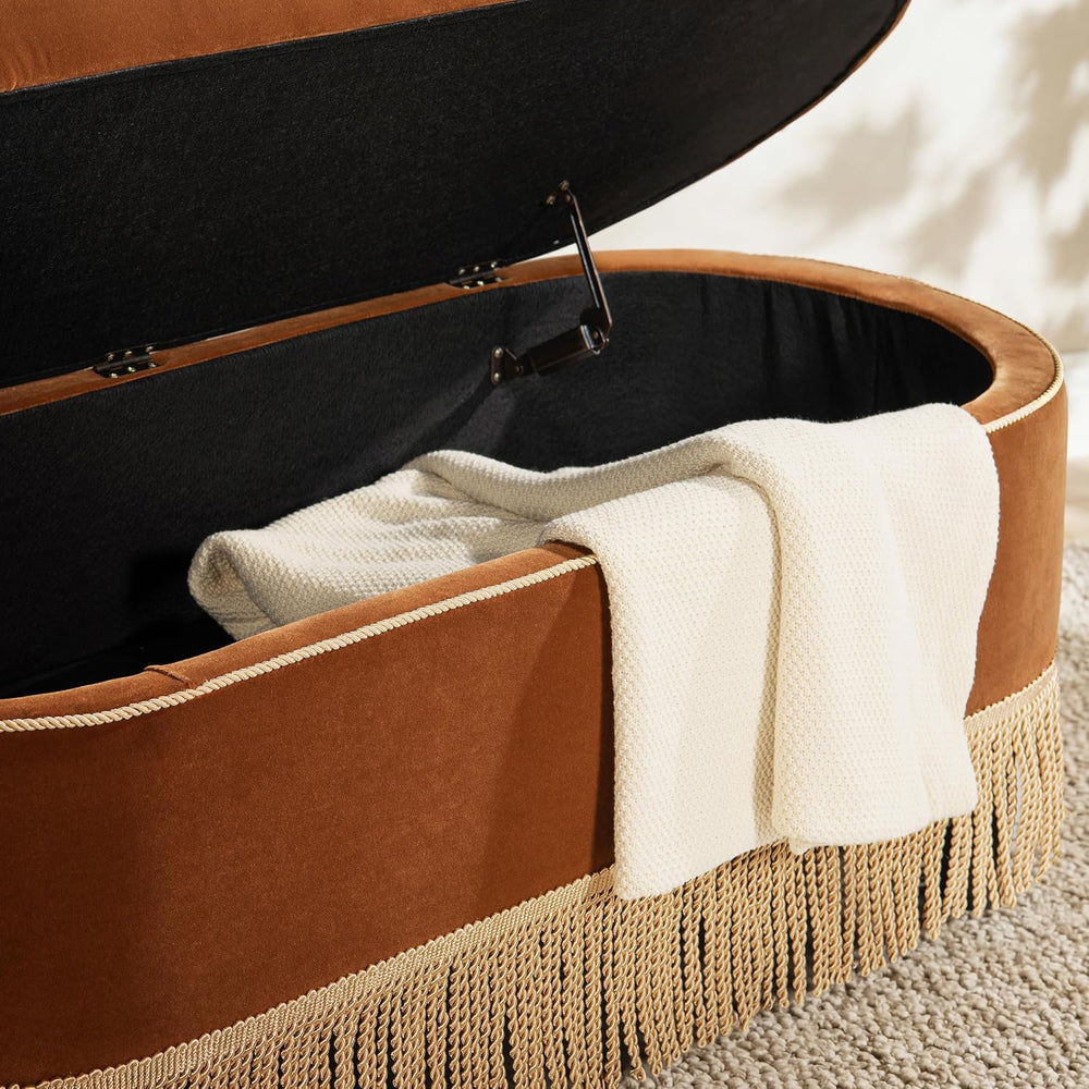 Jennifer Taylor Home 48.5" Oval Tufted Bullion Fringe Storage Bench, Bur...