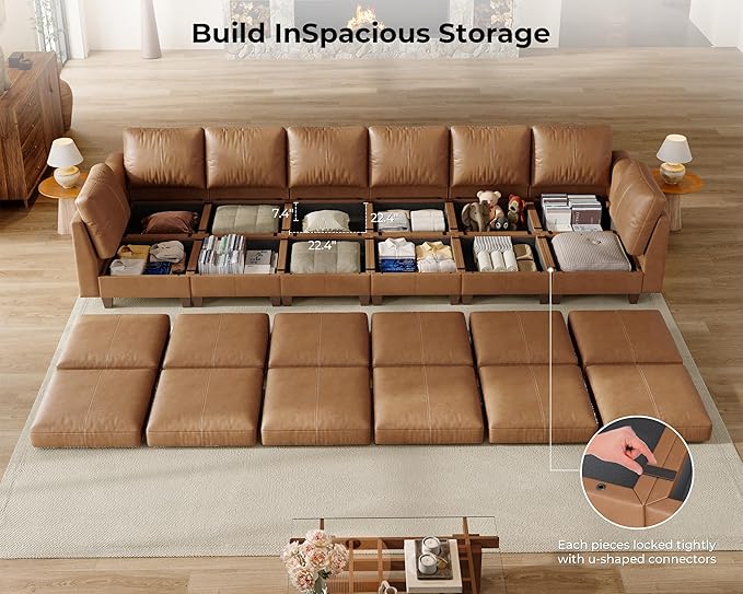 SITJOY 172" Faux Leather Modular Sectional Sofa with Storage, Mid Century Modern Sectional Couches for Living Room, Soft Padded Armrests, Oversized 12 Seat Sofa Bed with Chaise, Brown