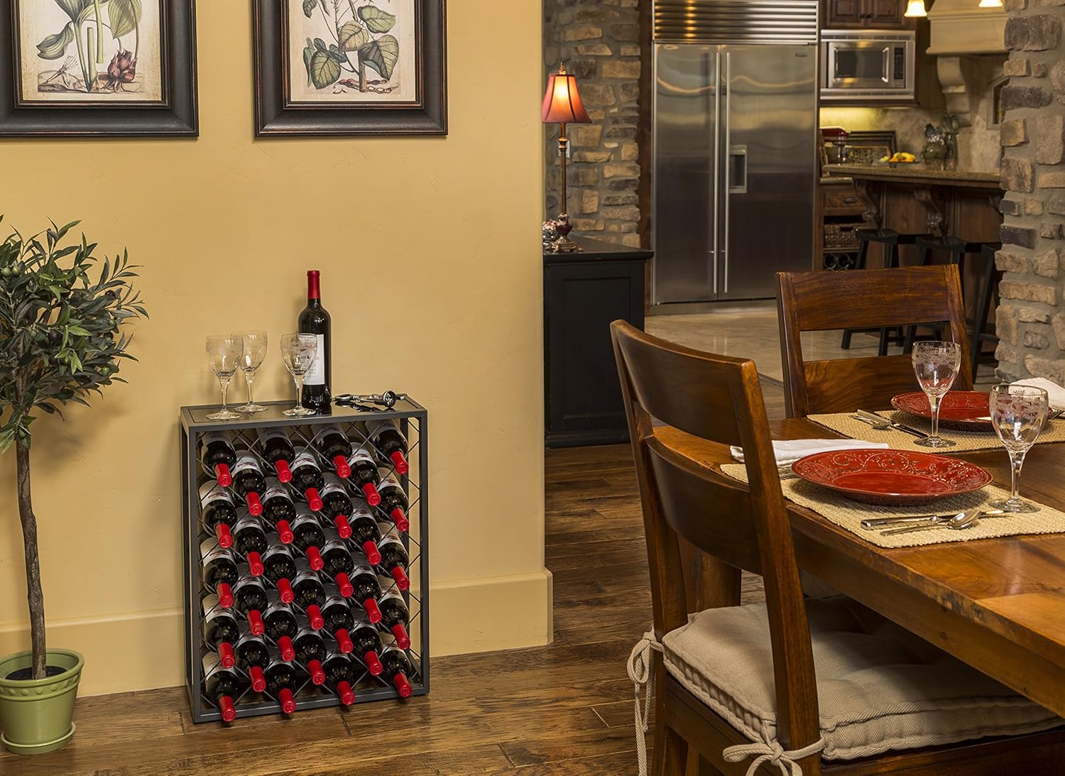 Mango Steam 32 Bottle Wine Rack with Black Glass Top Shelf, Free Standing for Home, Kitchen and Bar