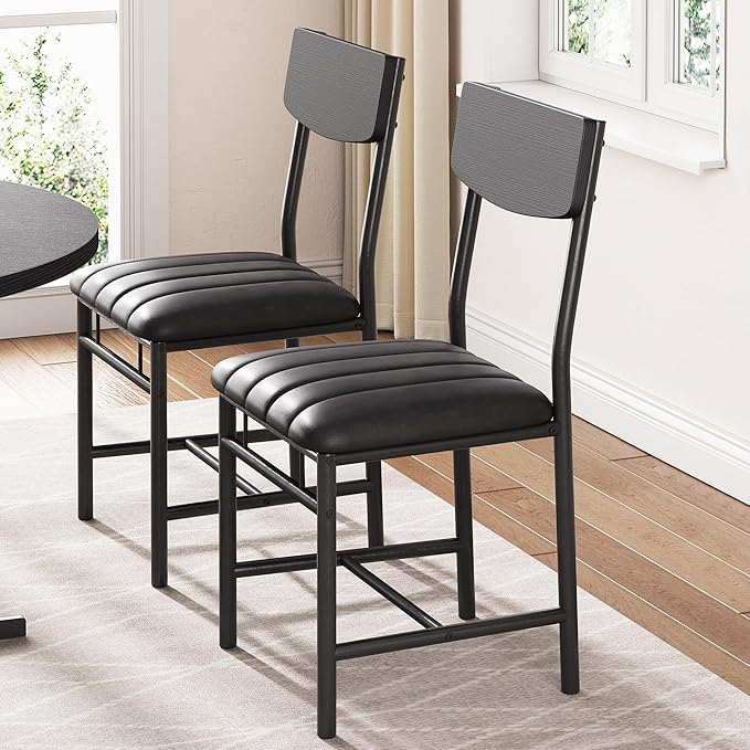 Industrial Dining Chairs Set of 6 - Upholstered Dining Room Chairs with PU Leather, Kitchen Chairs with Wooden Backrest and Thickened Metal Legs, for Dining Room, Living Room (6, Dark Black)
