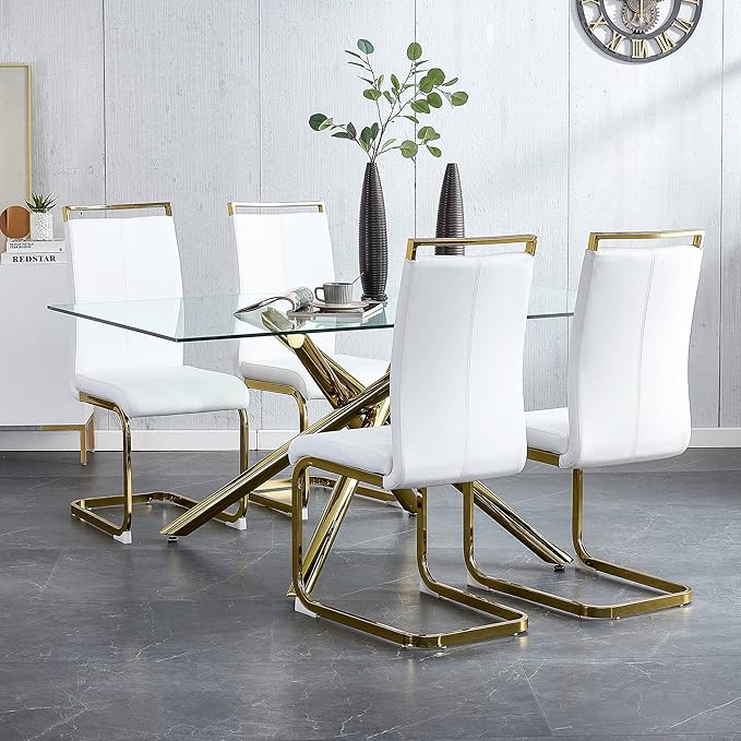 AZmac Modern Leather Dining Chairs Set of 8,Armless Kitchen Chairs,Dining Room Chairs with Upholstered Padded Seat and Sturdy Gold Legs for Dining Room,Kitchen (Set of 8, White-Gold Leg)