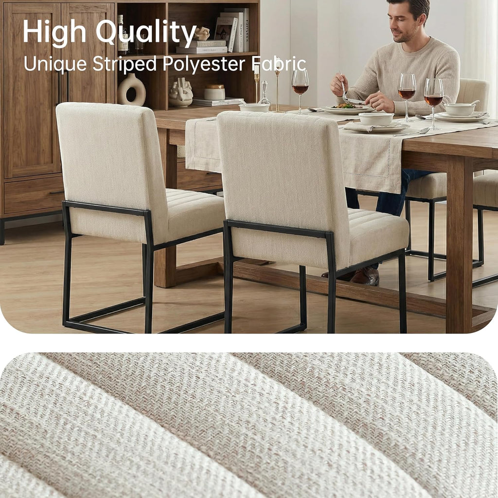 VKNOW Upholstered Dining Chairs, Modern Dining Room Chairs with Stripe, Linen Kitchen Chair Dinner Chair with Black Metal Base for Kitchen, Beige