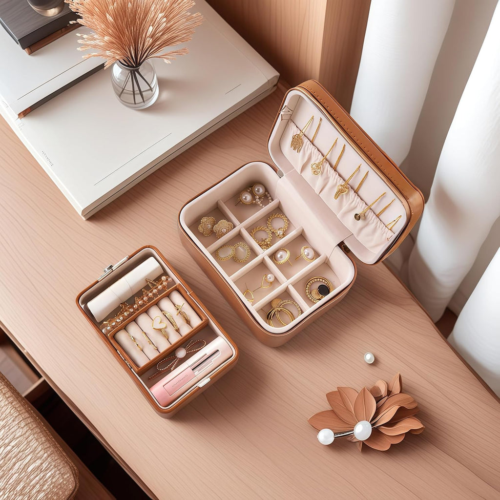 small travel jewelry case,Double Layer Travel Jewelry Box Organizer, Leather Case with Necklace Holder and Ring Storage/box organizer storage