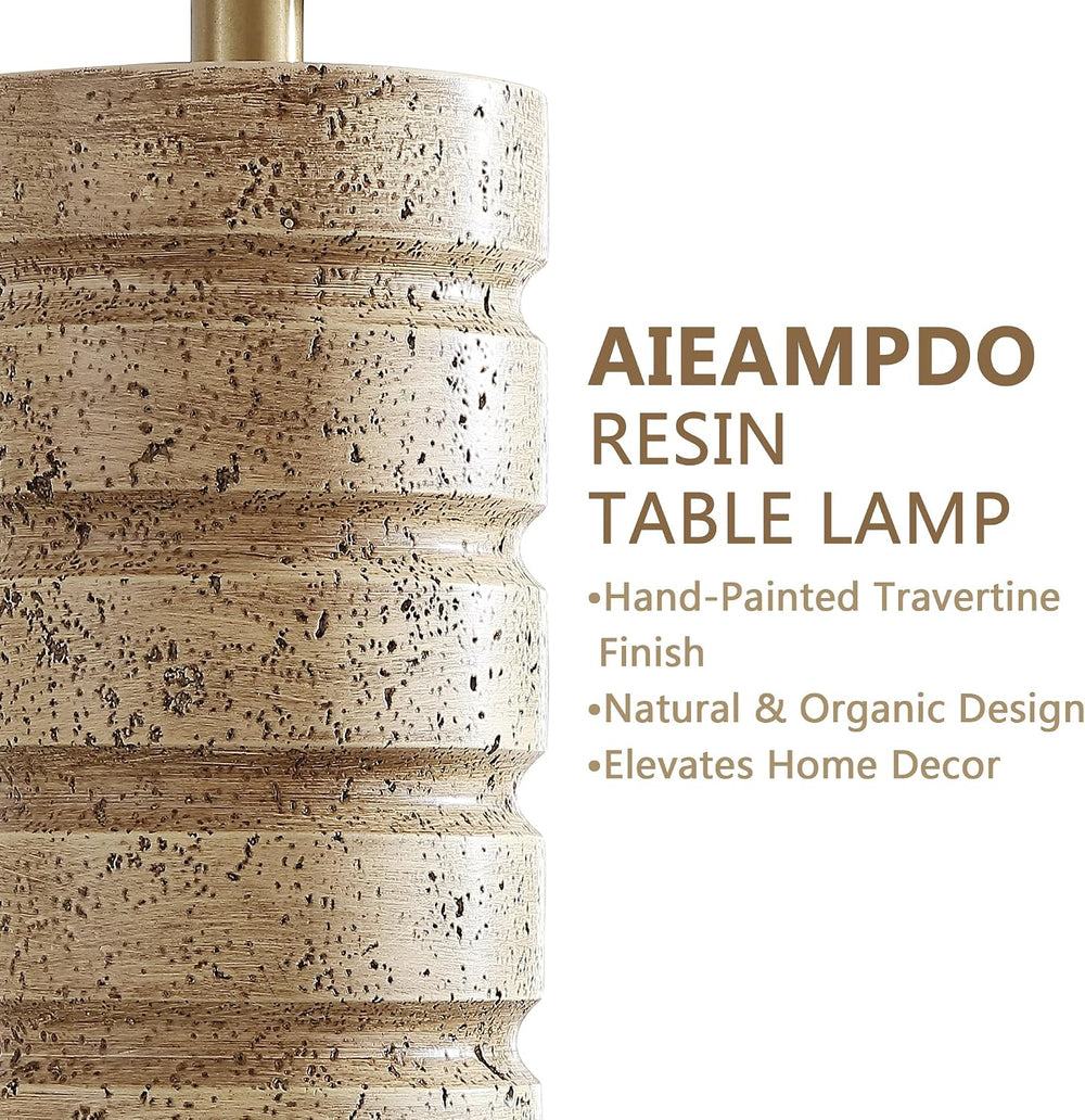 AIEAMPDO 26" Set of 2 Travertine Resin Table Lamps for Bedroom, Brass Base