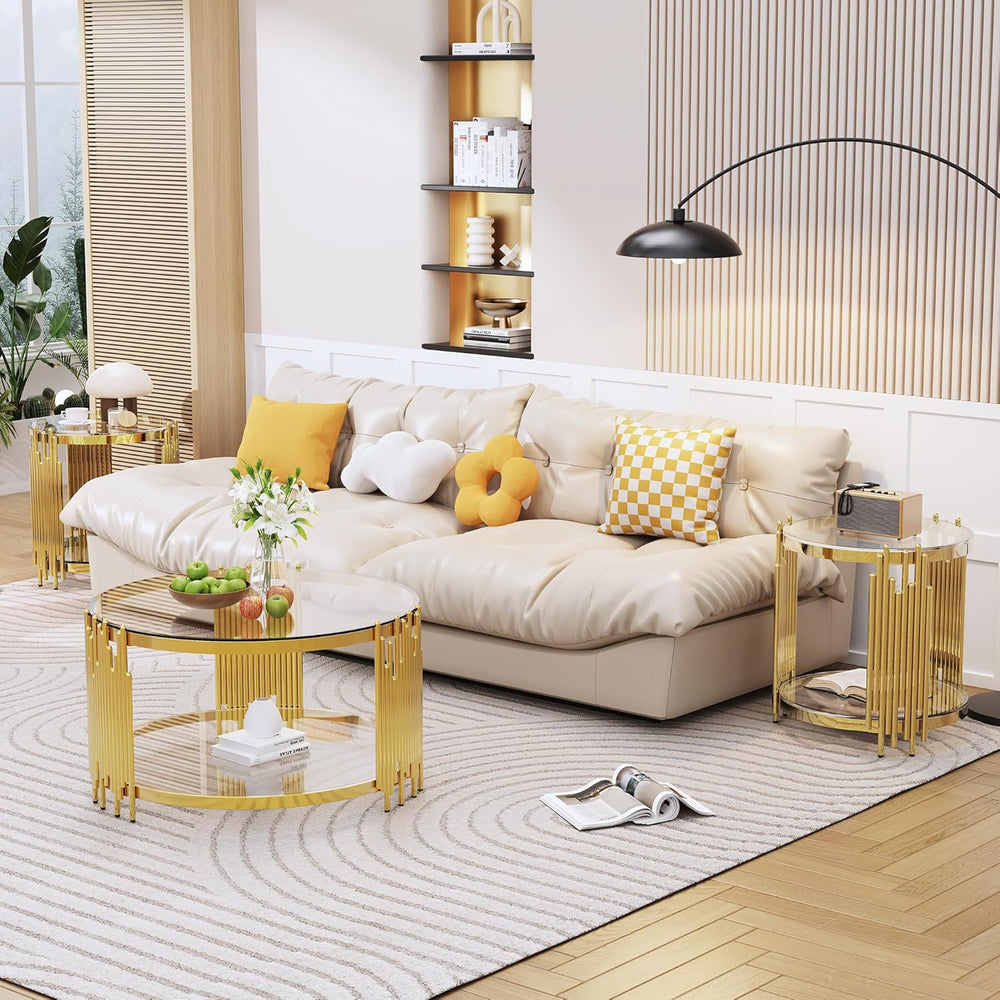 Luxury Gold Round Glass End Table Set of 2, 19.7" Modern Side Table with...