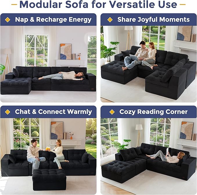MAXYOYO 132" L Shaped Modular Sectional Sofa with Ottoman, Cloud Boneless Couch with Layered Cushion, Upholstered Sofa in a Box, Flexible Module Combination for Living Room, No Assembly, Black