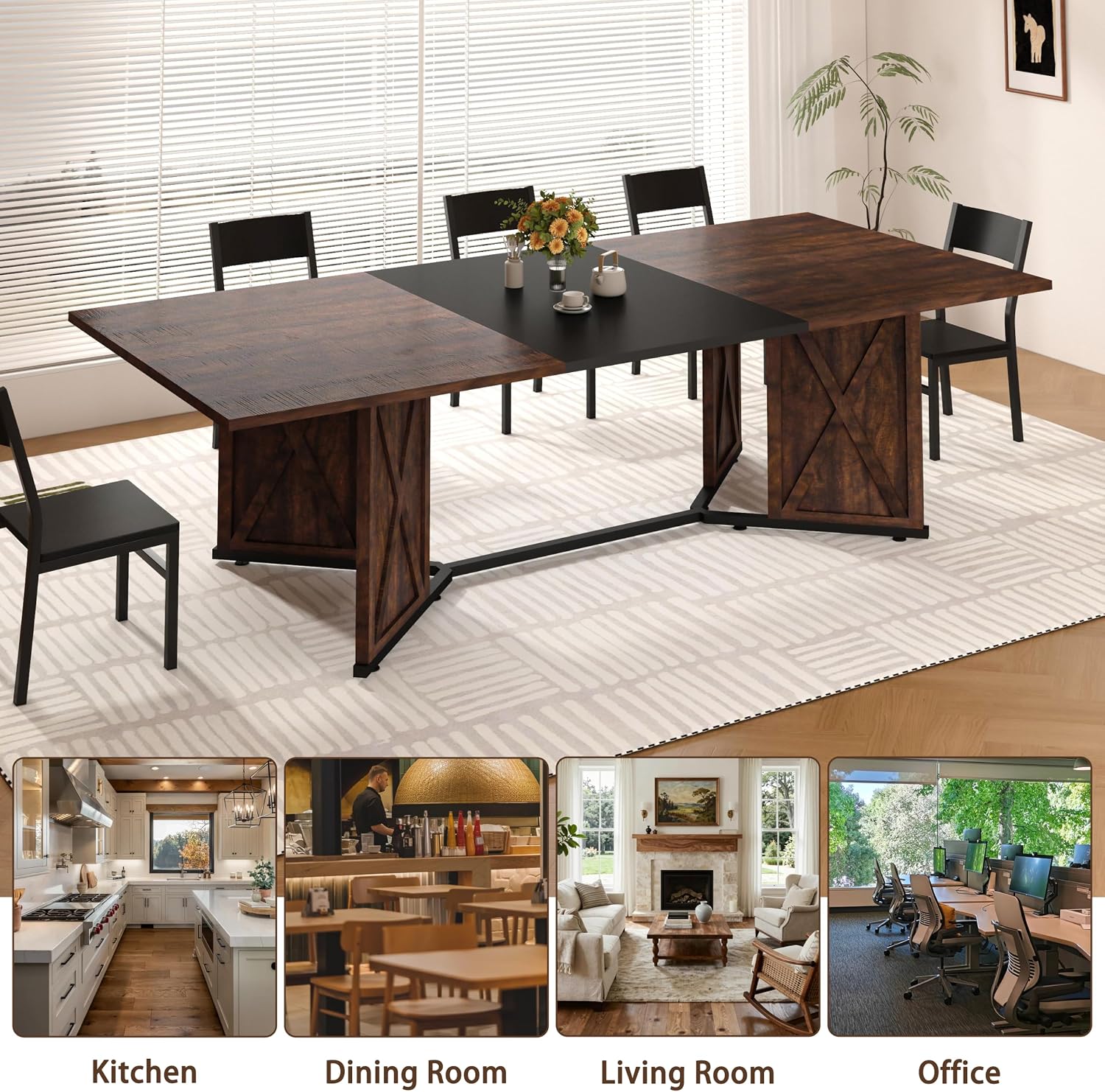 78.7 Inch Dining Table for 8 People, Large Rectangular Farmhouse Kitchen Table with Waterproof Wood Tabletop and Adjustable Leg for Kitchen Dining Room, Brown