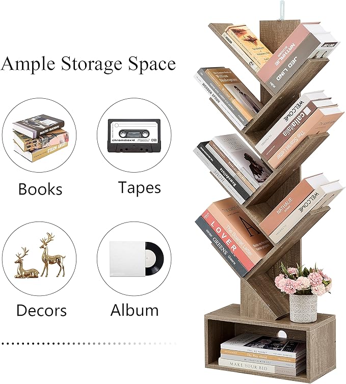 Hoctieon 6 Tier Tree Bookshelf, Tall Bookcase with Drawer, Freestanding Book Shelf, Display Floor Standing Storage Shelf, Book Organizer Shelves for Home Office, Living Room, Bedroom, Greige