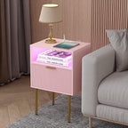 Modern Nightstand with Charging Station and LED Lights, White Bedside Table with Drawer, Fluted Side Table for Living Room, Bedroom
