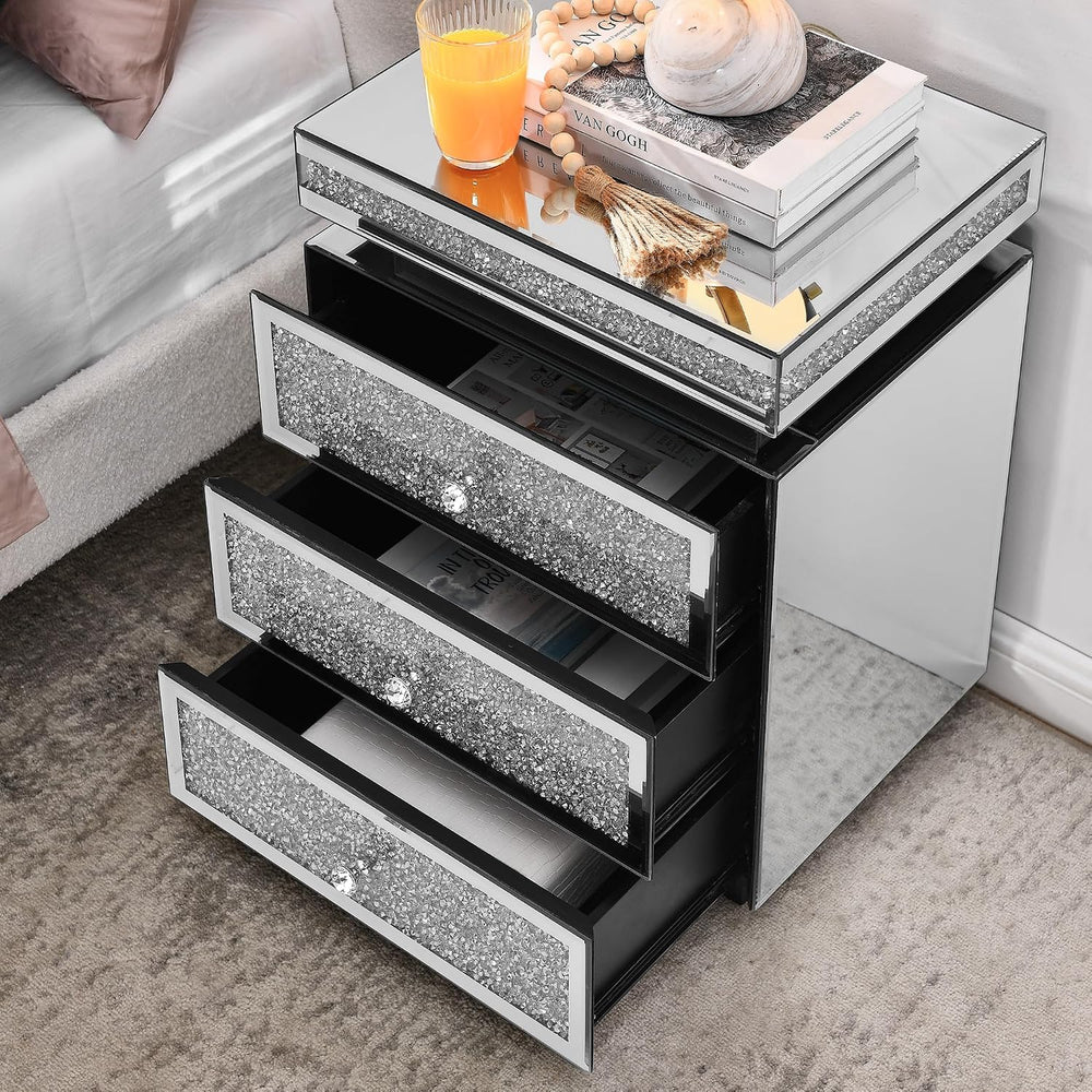 SSLine 3-Drawer Mirrored End Table,Mirrored Nightstand End Tables Bedside Tab...
