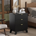 Night Stand Set 2, Bedside Table & End Table, Mid Century Modern Fluted Wood Nightstand with 3 Drawers & Metal Handles, Farmhouse Nightstand for Bedroom, Black
