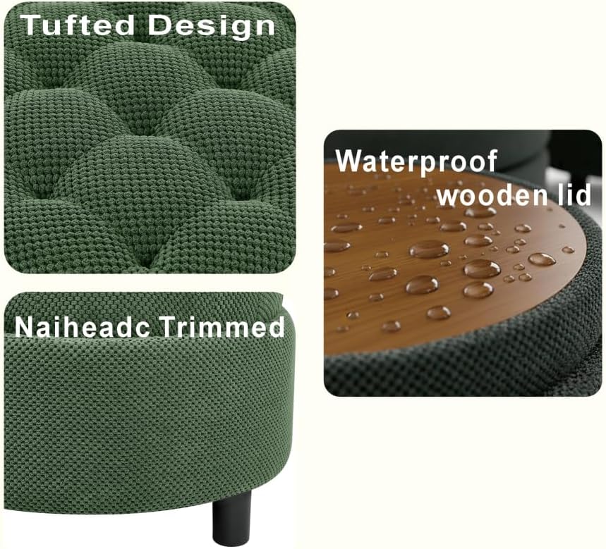 25Inch Round Storage Ottoman with Tray, ModernTufted Fabric Circle Coffee Tab...
