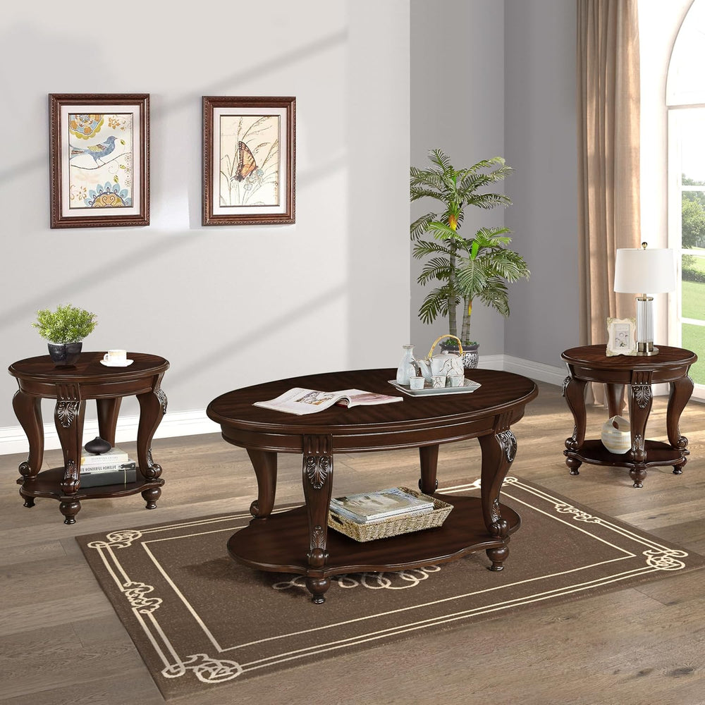 22'' Retro Round End Table,Solid Wood Sofa Side Table with Shelf,Livi...