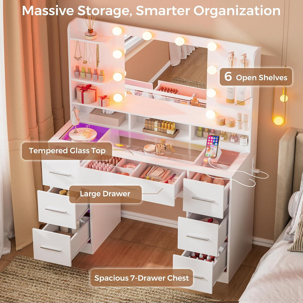 ERLEJIA Vanity Desk with Mirror and Lights, 41.34" 7-Drawer Makeup Table...