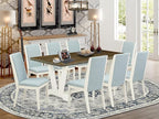 East West Furniture V077LA015-9 9 Piece Dining Set Includes a Rectangle Dining Room Table with V-Legs and 8 Baby Blue Linen Fabric Upholstered Chairs, 40x72 Inch, Multi-Color