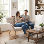 48”Small Loveseat Sofa, Modern Linen Upholstered Mini Couch 2-Seater Fluffy Love Seat with Quilting Backs and Wood Legs for Small Space Living Room, Bedroom, Beige