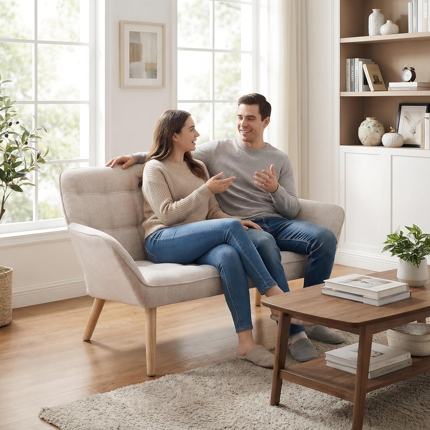 48”Small Loveseat Sofa, Modern Linen Upholstered Mini Couch 2-Seater Fluffy Love Seat with Quilting Backs and Wood Legs for Small Space Living Room, Bedroom, Beige