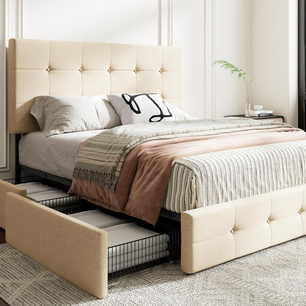 MUTICOR Queen Size Bed Frame with 4 Storage Drawers, Upholstered Platform Bed...