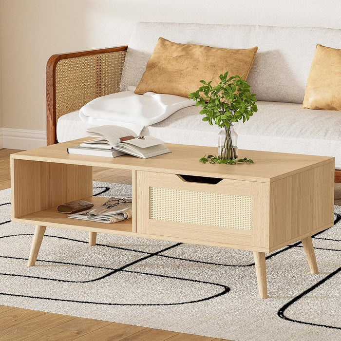 DIYART Oak Rattan Coffee Table, Mid Century Modern with Drawer & Shelf, 39'' Wooden Boho Coffee Table for Living Room