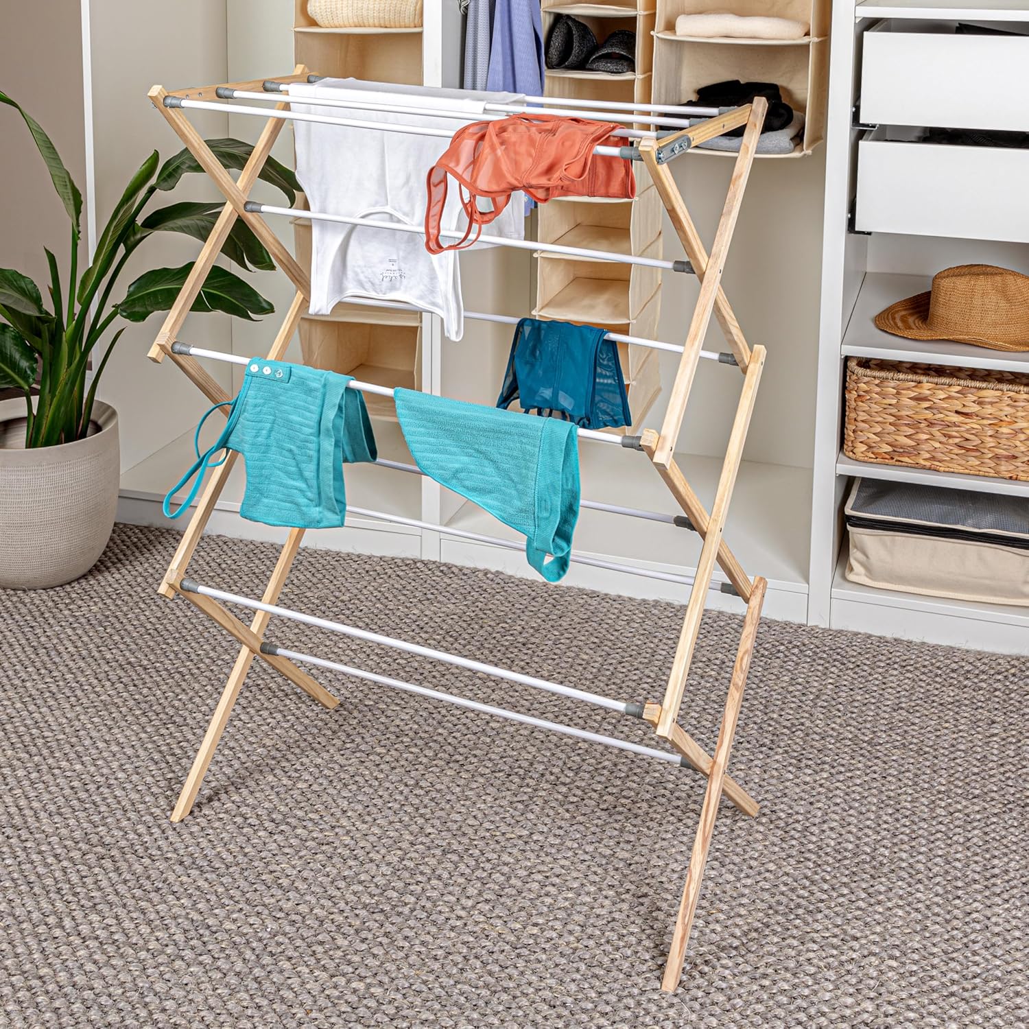 Household Essentials X-Frame Clothes Drying Rack, Stabile Wood Frame with Slanted Feet, Smooth Vinyl Wrapped Rods, 23.8 Feet of Hanging Space, Ready to Assemble, Flat Top, Natural