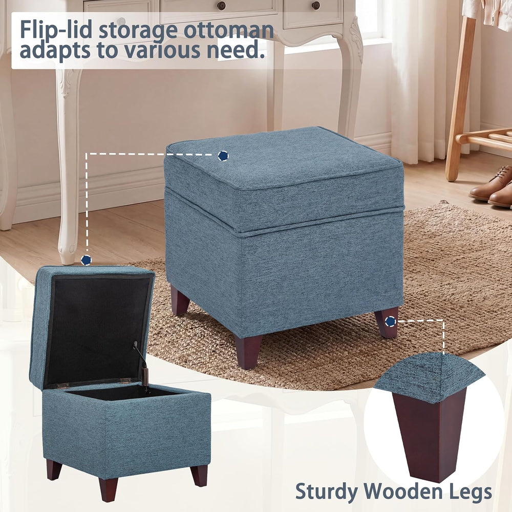 Linen Storage Ottoman with Wooden Legs, 17" Square Upholstered Flip-Top ...