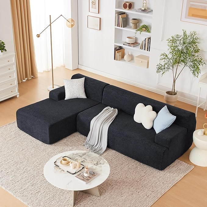 107" Modular Sectional Cloud Couch, Boneless couches Sponge sectionals for Living Room, High Density Sponges Sofa, Modular L-Shape with Chaise, Black