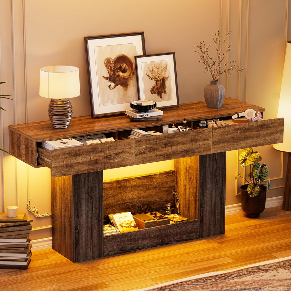 PAKASEPT 63'' Farmhouse Entryway Table with 3 Drawers & LED Light...