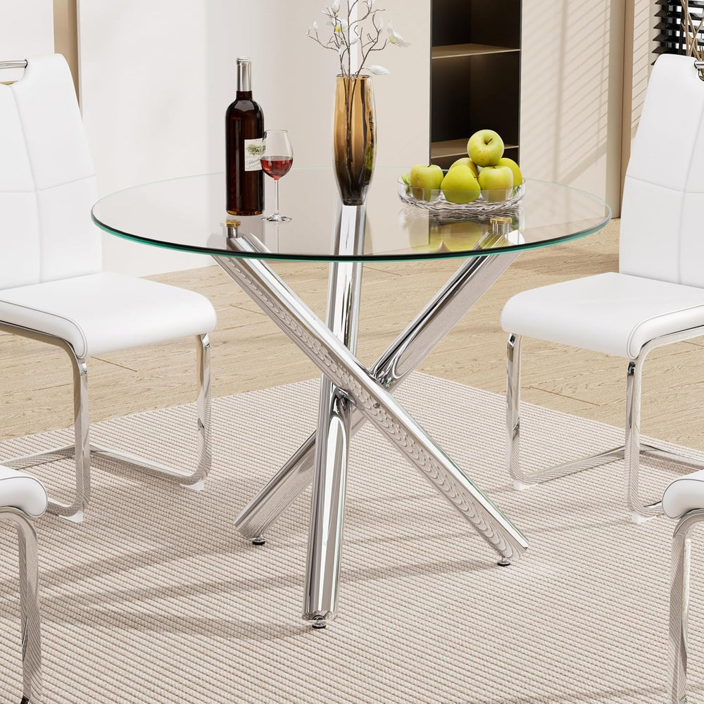Round Glass Dining Room Table for 2-3, Modern Tempered Glass Top, Sturdy Chro...