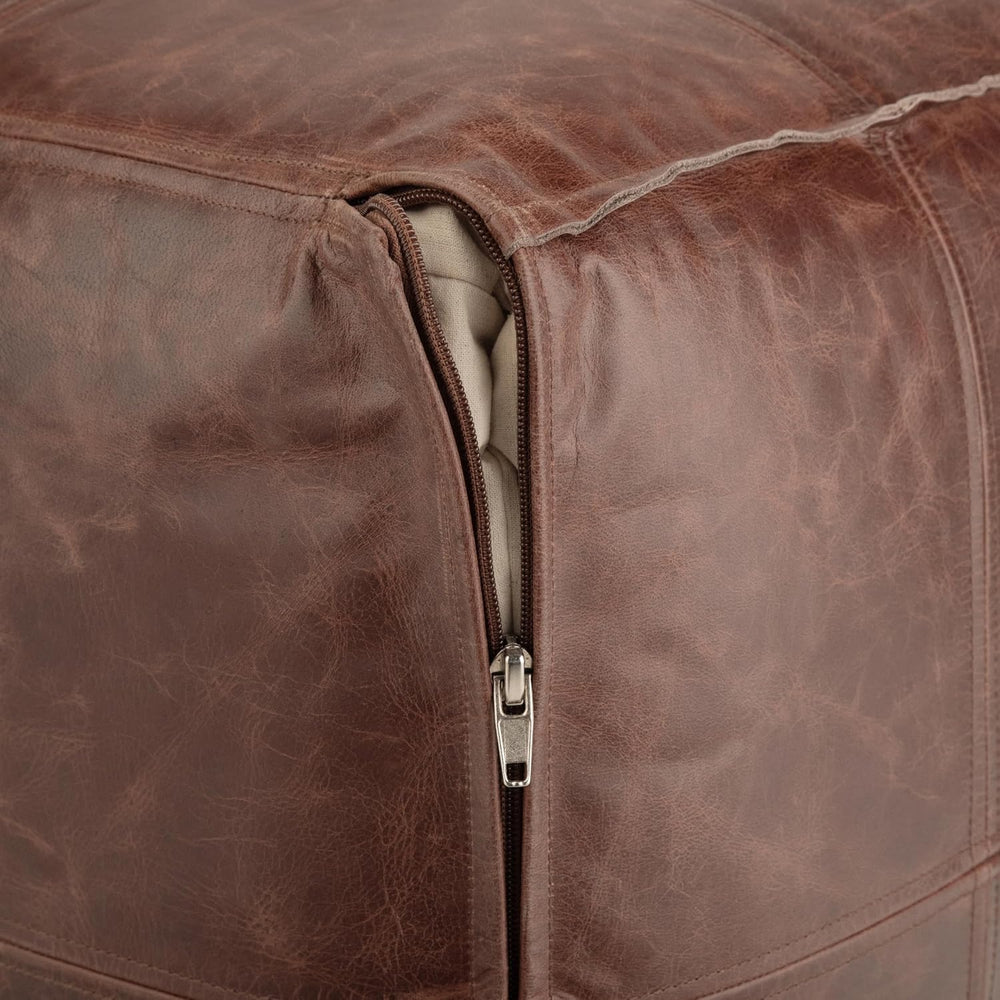 SIMPLIHOME Sheffield 18" Wide Square Genuine Leather Pouf in Brown | Dis...