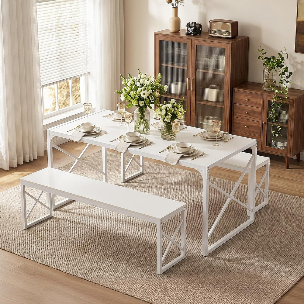 VECELO 55” Kitchen Dining Table Set for 4, Heavy-Duty Steel Frame & Wood-...