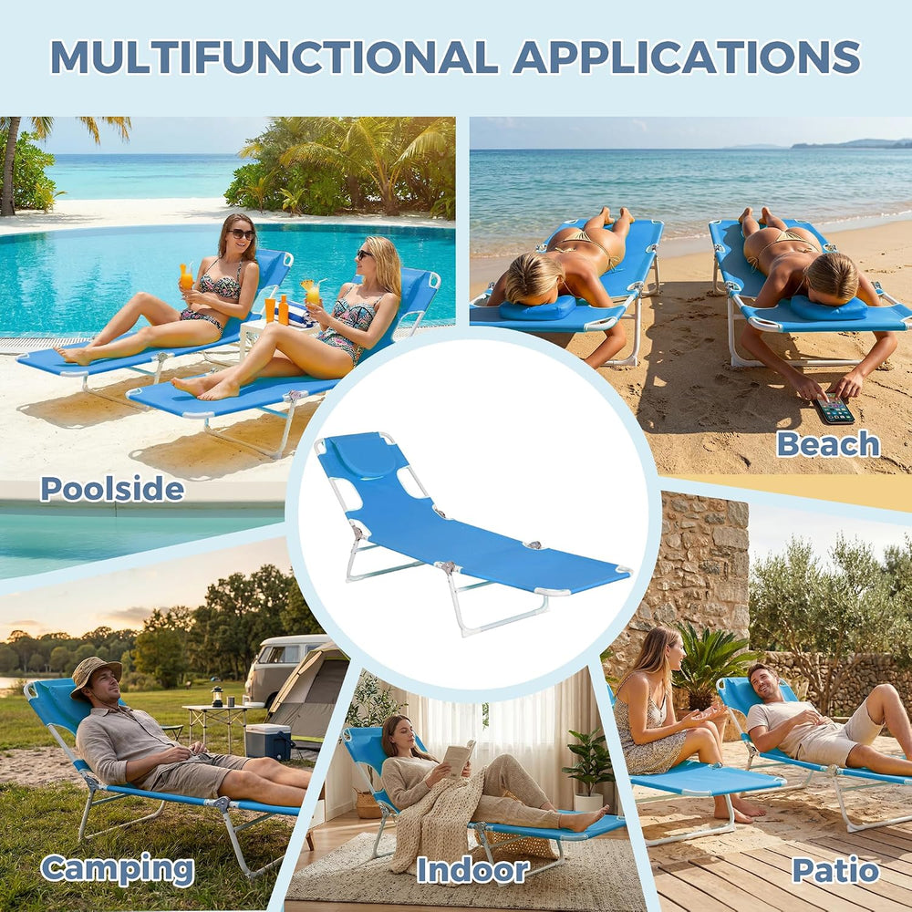Folding Tanning Chair with Face Hole Set of 2, 3-Position Adjustable Patio Lo...