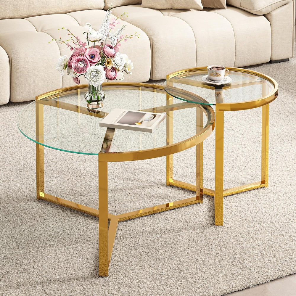 Glass Nesting Coffee Table Set with Metal Frame & Glam Design, Transparen...