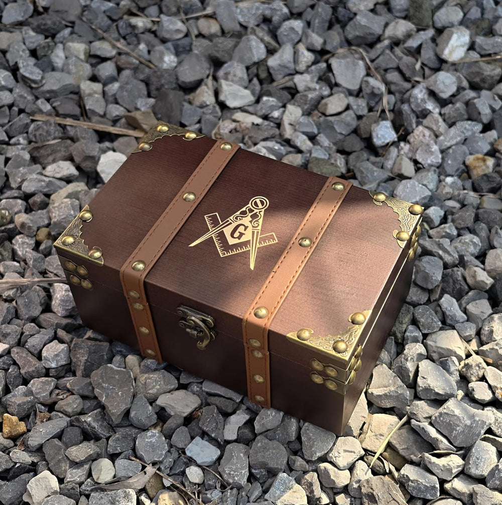 Masonic Engraved Solid Wood and Leather Chest, Wooden Box with Velvet Lining,...