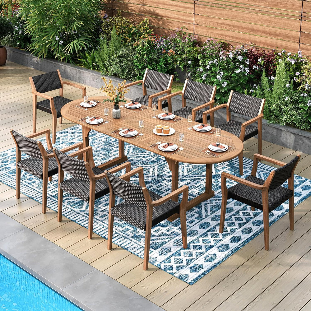 PHI VILLA Patio Acacia Wood Dining Chairs w/Wicker Seat & Back, 2 PCS