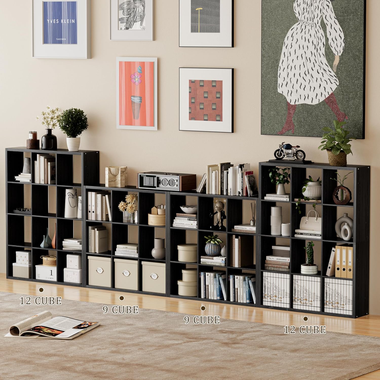 Cube Storage Organizer Bookcase, Decorative 11 inch Open Back Cubical Shelf with Thickened Border, Display Bookshelf for Living Room, Home Office, Sturdy Room (Black, 12 Cube)