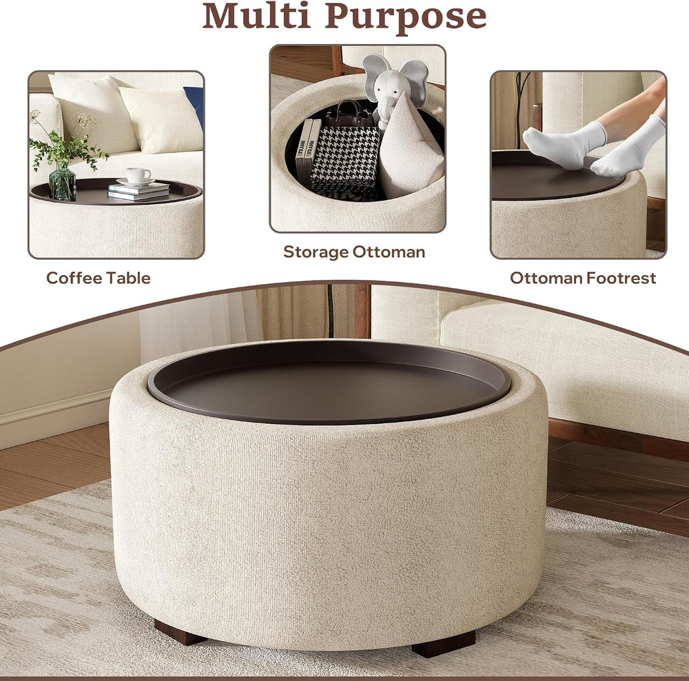 30" Round Ottoman with Storage Circular Coffee Table with Removable Wood...