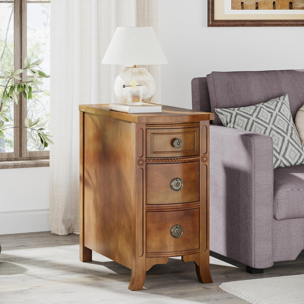 Farmhouse Solid Wood End Table, 3-Drawer Narrow Side Table Slim Chair Table f...